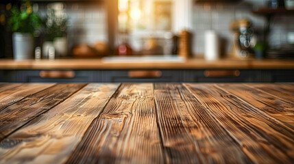 Empty countertop made of brown natural wood with grunge-style knots with place to advertise products or kitchen appliances, dishes, against blurred background of cozy kitchen at home. Copy space. - obrazy, fototapety, plakaty
