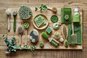 An aerial photograph displaying an assortment of green cleaning products, including eco brushes and sponges, arranged on a polished wooden plank - obrazy, fototapety, plakaty