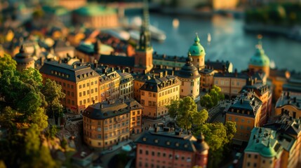 Tilt-shift photography of the Stockholm. Top view of the city in postcard style. Miniature houses, streets and buildings
