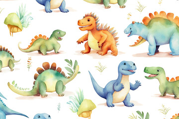 seamless illustration background tile white cute pattern Baby watercolor children's nosaurs
