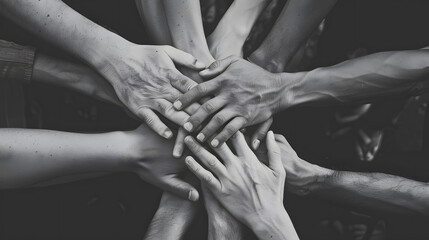 A powerful black and white image of diverse hands coming together in a symbol of teamwork and unity.

