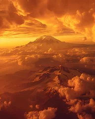 Fotobehang Aerial view of Mount Rainier bathed in golden hour light, as seen from an airplane. © Pierre