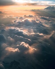 Top-down view from an airplane of Mount Rainier bathed in golden hour light, captured in an impressionist landscape style.