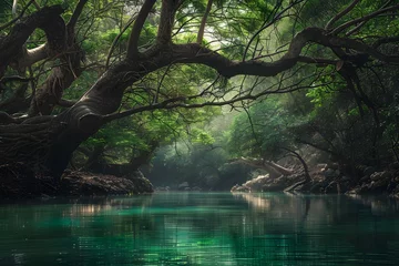 Papier Peint photo Rivière forestière Emerald waters flow through an ancient forest on the way to Chichiroin Cave, Saudi Arabia, embodying tranquility and mystery.