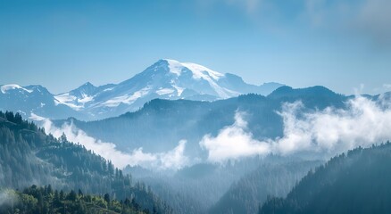 Majestic Mount Rainier towers with snowy peak amidst swirling clouds, embraced by dense forests under a clear blue sky in a panoramic landscape view.