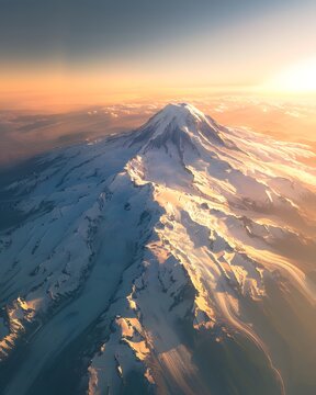 Sunrise over Mount Rainier: Aerial View of the Snow-Capped Peak with a River Below, Illuminated by Warm Morning Light