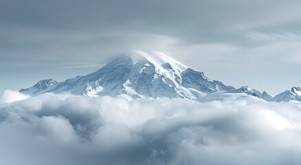 Fototapeta na wymiar Mount Rainier's snowy peaks peek through clouds in a stunning view from Seattle's Birdseye Cafe.