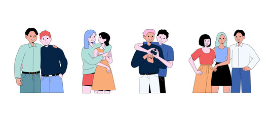 People in love collection. Vector cartoon flat illustration of diverse cartoon young people in different actions of happiness, falling in love and love sharing.