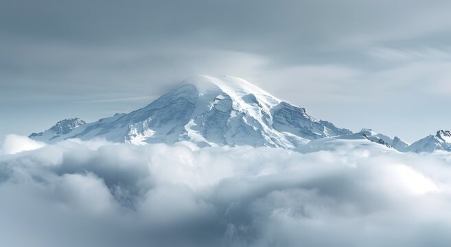 Mount Rainier's snowy peaks peek through clouds in a stunning view from Seattle's Birdseye Cafe.