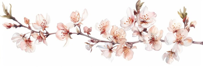 Watercolor illustration of a branch of a blossoming peach on a white background, spring flowers - obrazy, fototapety, plakaty