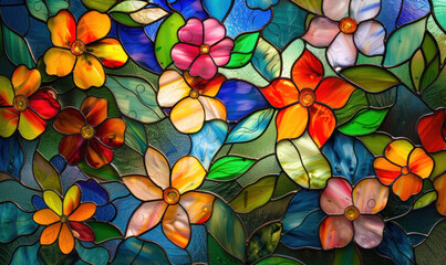 Fototapeta na wymiar Stained glass- abstract flower pattern , Rebirth of Stained Glass texture colorful wallpaper