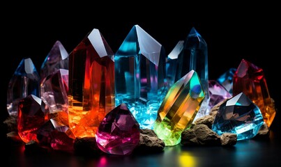 Colorful crystals on a black background, close-up, macro