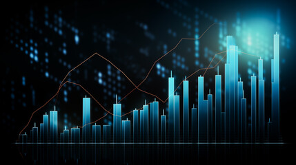 Widescreen Abstract financial graph with uptrend line and bar chart of stock market on blue color background