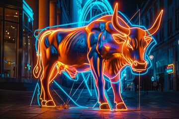 Neon lights around the bull statue. Neon lights outline every line on the animal. - obrazy, fototapety, plakaty