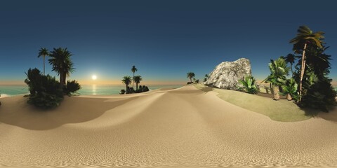 HDRI High resolution map. environment map, Round panorama, spherical panorama, equidistant projection, panoramic landscape of the oasis in the desert, 3D rendering