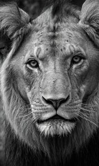 Portrait of a male lion in black and white, looking at camera.