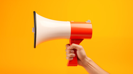 Close up hand holding megaphone, marketing and sales, yellow background