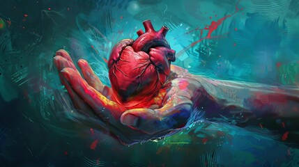 Conceptual Art on Cardiovascular Health with Heart in Human Hand, Digital Painting Style