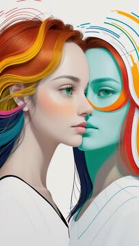 Contemporary depiction of two faces, profile and full face, represents the harmony of opposites with a fluid transition between two faces, featuring a vibrant color gradient