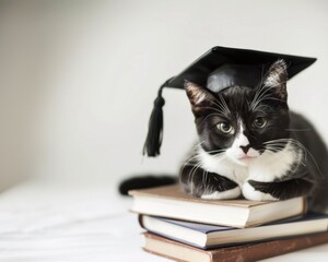 A cat wearing a graduation cap sits on top of a stack of books