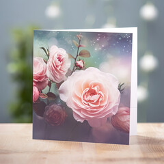 A greeting card with a pink rose on it, on a wooden table