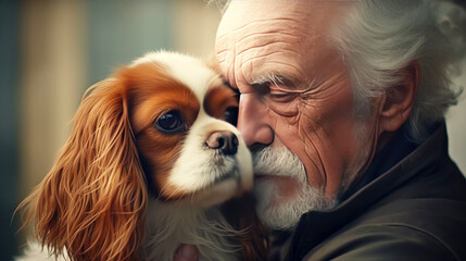 Old man hugs his dog close-up portrait. Friendship and tender feelings between human and animal concept. AI generated illustration.