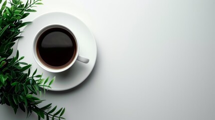 Minimalist white desk setup with potted plant, coffee cup, and organized office supplies
