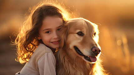 Beautiful girl hugging a golden retriever close-up portrait in backlight. Friendship and tender feelings between human and animal concept. AI generated illustration.