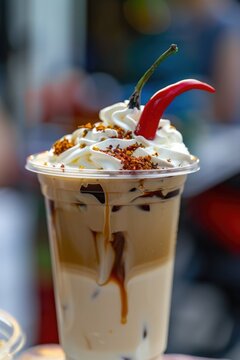 Naklejki A cold brew coffee drink topped with fluffy whipped cream, chili flakes and a spicy chili pepper with blurred outdoor market behind