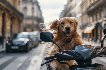 Long-haired dog riding a motorcycle at high speed - obrazy, fototapety, plakaty
