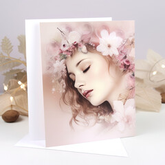 A greeting card with a woman with a flower crown on her head