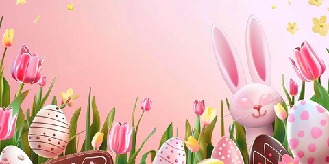 Pink Easter background with tulips, easter eggs, and easter bunny, , space for copy