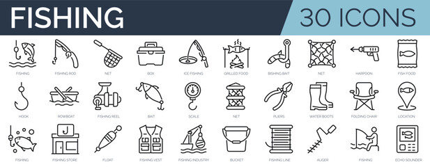 Set of 30 outline icons related to fishing.Linear icon collection. Editable stroke. Vector illustration