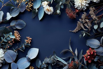 Flat lay composition with eucalyptus and flowers framed on a navy blue background, leaving space for text or for product presentation. - 758189750