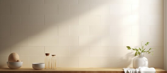 Cream tile wall with white grout design, viewpoint - obrazy, fototapety, plakaty