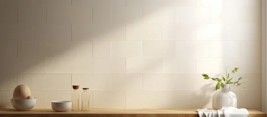 Deurstickers Cream tile wall with white grout design, viewpoint © Vusal