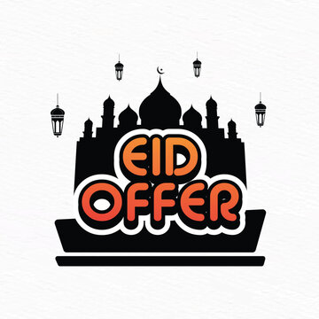 Eid offer typography banner with islamic background elemets, mosque, lamp, stars and moon