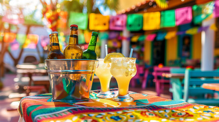 Festive outdoor setting for Cinco de Mayo with colorful margaritas on a vibrant tablecloth, beer bottles, and traditional papel picado banners