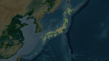 Japan highlighted. Physical elevation map