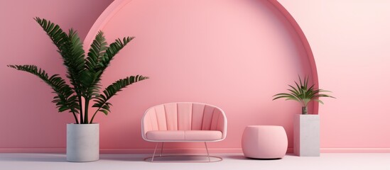 Minimal cylindrical abstract arch and geometric decor with chair and plant in pink color studio interior.