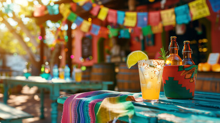Festive outdoor setting for Cinco de Mayo with colorful margaritas on a vibrant tablecloth, beer bottles, and traditional papel picado banners in the background