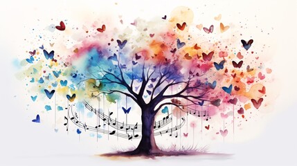 A watercolor tree with musical notes and hearts - obrazy, fototapety, plakaty