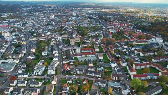 Aerial of the old town around the city Leverkusen in Germany on a cloudy noon in fall	