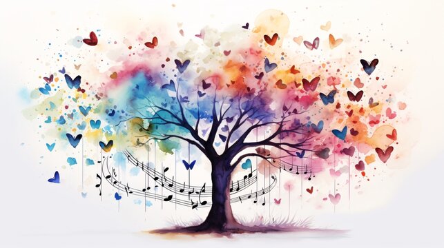 A watercolor tree with musical notes and hearts