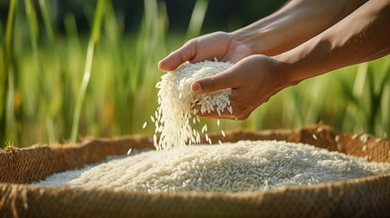 Close-up of hands sifting through fresh rice grains, illustrating agricultural prosperity and natural quality