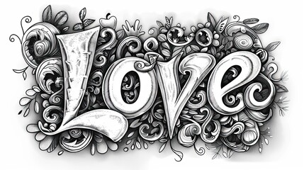 A monochromatic, intricate illustration of the word "LOVE" with decorative elements