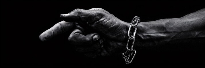 A hand locked in handcuffs, set against a stark black background, symbolizing loss of freedom and the weight of confinement - obrazy, fototapety, plakaty