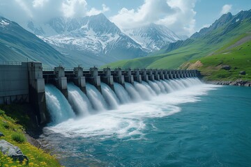 Fototapeta premium Dam Constructed in River With Mountains in Background