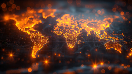 Digital world map background, earth network. World map in neon light