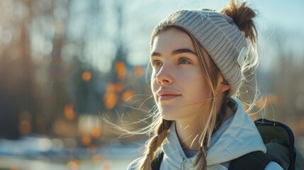 A woman with a ponytail is depicted wearing a beanie in a casual setting. This image captures the outdoor lifestyle of an active female individual enjoying the weather and staying warm during the - obrazy, fototapety, plakaty